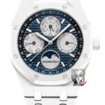 Audemars Piguet Royal Oak Offshore Series 26579CB.OO.1225CB.01, White Ceramic Blue Dial Full Ceramic Case Complete, Date Day Month Moon Phase Functions, 41mm size.