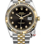 Rolex Datejust series m126333-0006, two-tone gold case black dial with diamond markers and a five-link two-tone gold bracelet, 41mm size.