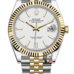 Rolex Datejust series m126333-0016, Two-Tone Gold Case White Dial with Stick Hour Markers, 41mm size.