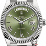 Rolex Day-Date series m228239-0033, Silver Case Olive Green Dial with Roman Numeral Markers, Instantaneous Day and Date Functions, 40mm Size.