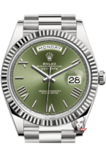 Rolex Day-Date series m228239-0033, Silver Case Olive Green Dial with Roman Numeral Markers, Instantaneous Day and Date Functions, 40mm Size.