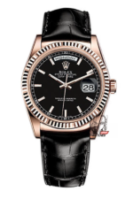Rolex Day-Date Series 118135, Black Dial Gold Case with a leather strap, 36mm size.