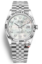 Rolex Datejust Series m126234-0019, White Mother-of-Pearl Dial with Diamond Hour Markers, 36mm size, Jubilee stainless steel bracelet.