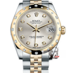 Rolex Datejust Series 178343-63163, Two-Tone Gold Case Silver Dial with Diamond Hour Markers Round Arched Bezel Set with Diamonds, 31mm Size, Five-Link Steel Bracelet.