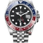 Rolex GMT-Master II series m126710blro-0001, Pepsi bezel features a five-link Jubilee bracelet a red and blue ceramic bezel a black dial and a red GMT hand, 40mm size.