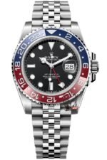 Rolex GMT-Master II series m126710blro-0001, Pepsi bezel features a five-link Jubilee bracelet a red and blue ceramic bezel a black dial and a red GMT hand, 40mm size.