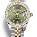 Rolex Datejust series m278383rbr-0030, Two-Tone Gold Case with Green Dial and Diamond Bezel, 31mm size, Jubilee bracelet.