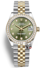 Rolex Datejust series m278383rbr-0030, Two-Tone Gold Case with Green Dial and Diamond Bezel, 31mm size, Jubilee bracelet.