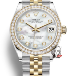 Rolex Datejust Series m278383rbr-0028, Two-Tone Gold Case with Mother-of-Pearl Dial and Diamond Bezel, 31mm size, Jubilee stainless steel bracelet.