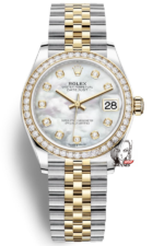 Rolex Datejust Series m278383rbr-0028, Two-Tone Gold Case with Mother-of-Pearl Dial and Diamond Bezel, 31mm size, Jubilee stainless steel bracelet.