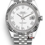 Rolex Datejust Series m126334-0024, White Dial with Roman Numerals and a five-link steel bracelet, 41mm size.