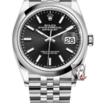 Rolex Datejust Series m126200-0003, Black Dial with Fluted Bezel and Five-link Bracelet, 36mm Size.