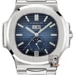 Patek Philippe Nautilus series 57261A-014, Blue Dial Steel Bracelet, Moon Phase Calendar Central Month and Week Display, 40.5mm Size.