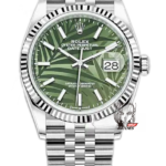 Rolex Datejust series m126234-0047, Palm Leaf Pattern on a Green Dial, 36mm size, Jubilee stainless steel bracelet.